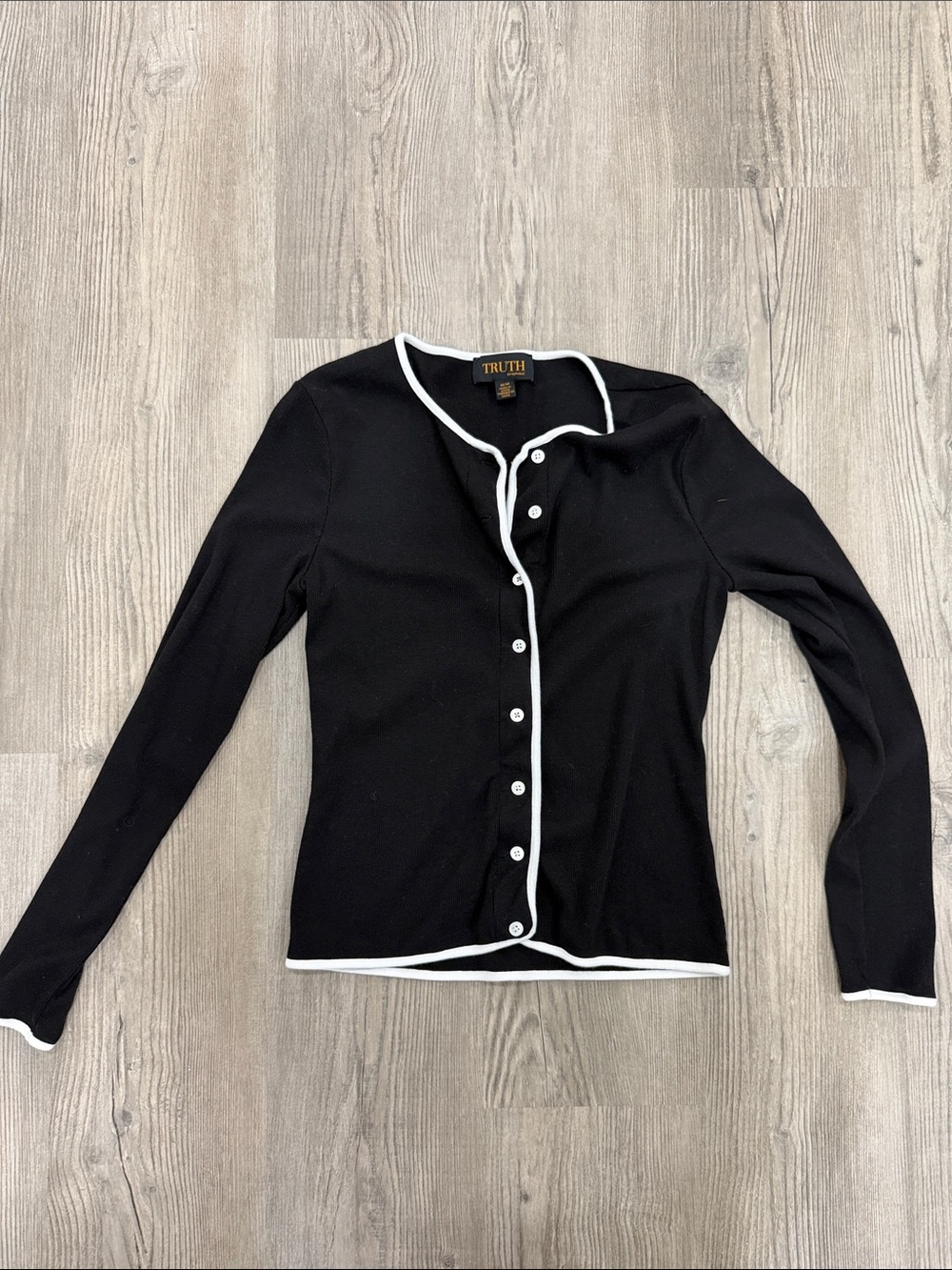 Truth Black Cardigan with White Trim Buttons